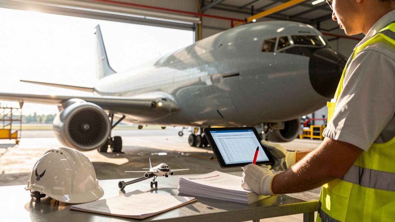 Tehnician verifică date pe tabletă lângă un avion în hangar, cască și planșă pe masă.
