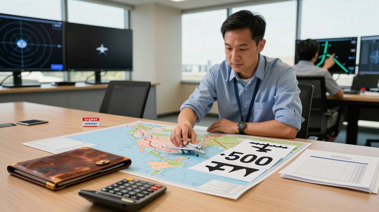 Un bărbat la birou, studiind o hartă cu un avion de jucărie. În jur sunt calculatoare și o geantă din piele.