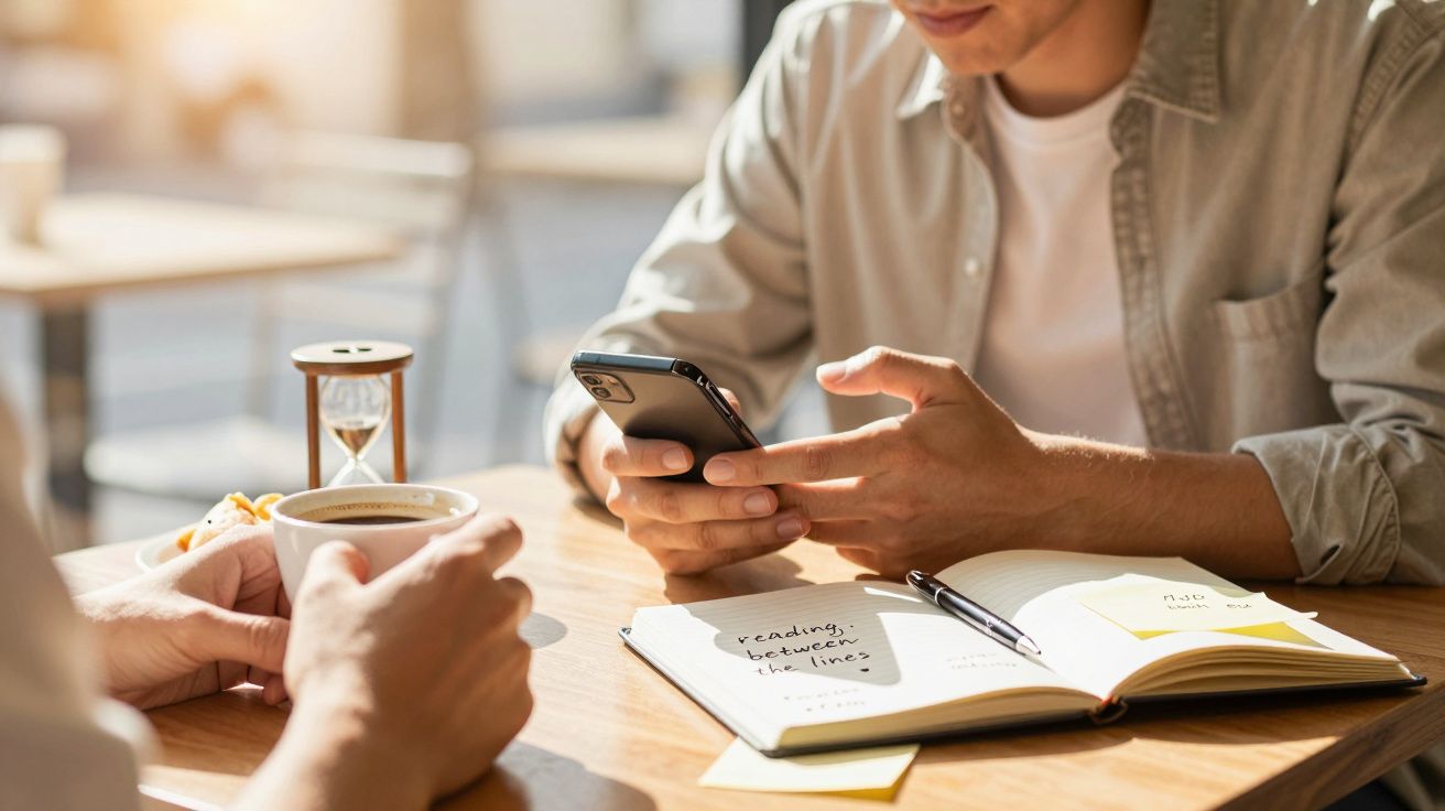 Două persoane discutând la o masă cu o ceșcuță de cafea, telefon și caiet deschis.