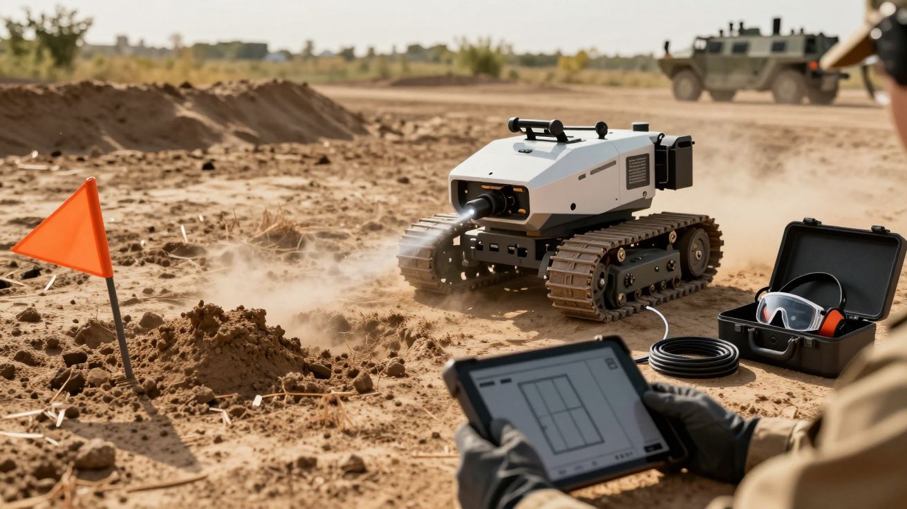 Robot deminare teleghidat pe teren nisipos, cu tabletă de control, drapel portocaliu de avertizare și vehicul militar.