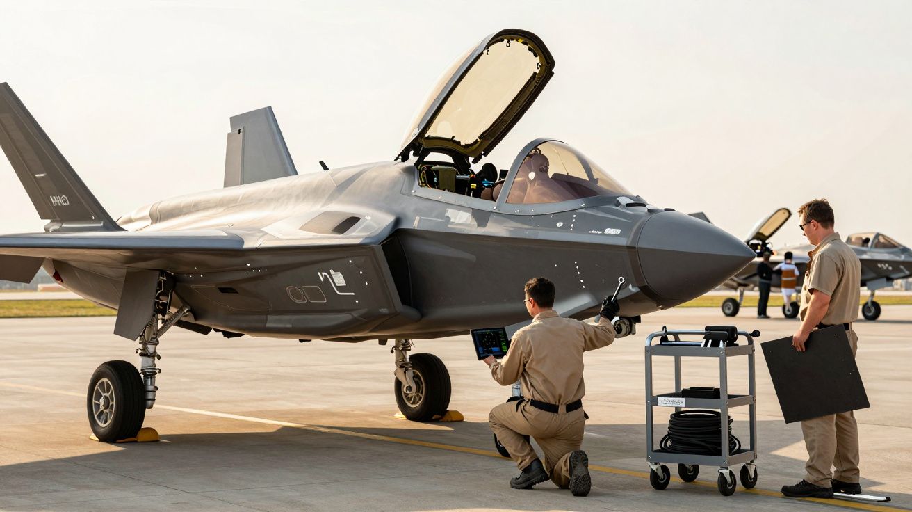 Doi tehnicieni inspectează un avion de luptă modern pe o pistă de aterizare.