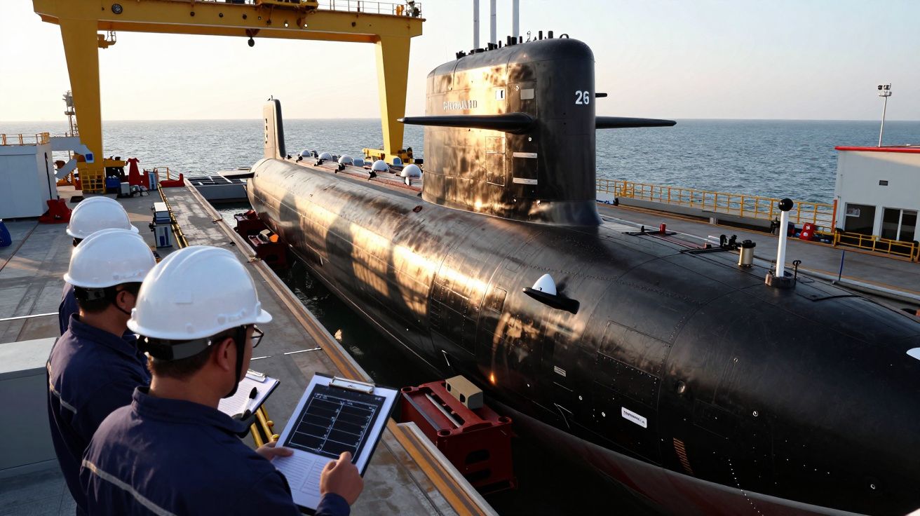 Submarin negru în doc, cu muncitori analizând schițe pe o tabletă și clipboard, la malul mării.