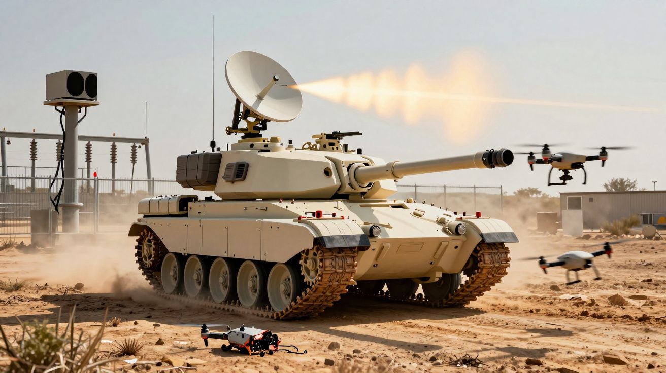 Tanc avansat trăgând un proiectil, cu drone zburând în jurul său în deșert.