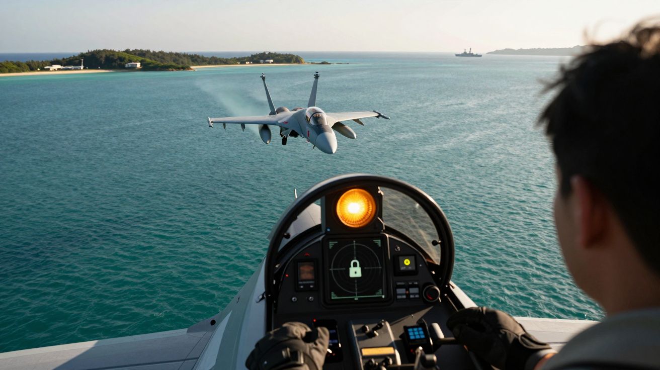 Un pilot manevrează un avion de luptă urmărind un alt avion pe cerul deasupra oceanului.