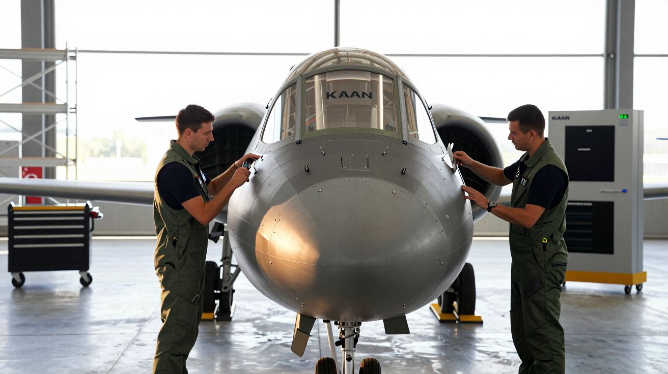 Doi tehnicieni verifică un avion de vânătoare gri într-un hangar bine iluminat.