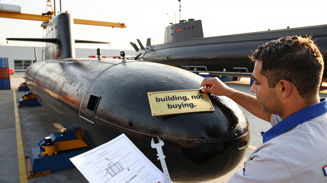 Bărbat lipind un panou pe un submarin în construcție, pe care scrie "building, not buying", într-un șantier naval.