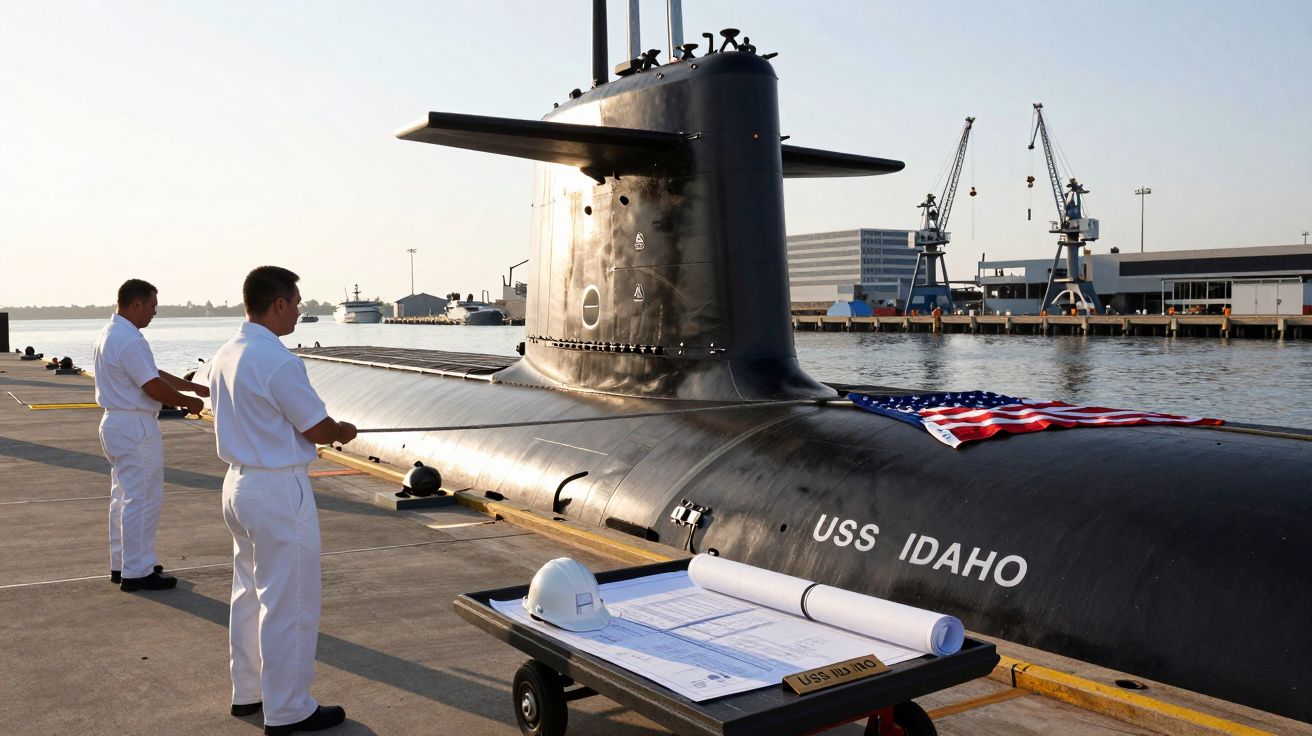 Submarinul USS Idaho ancorat în port, cu doi marinari și un steag american pe punte. Două macarale se văd în fundal.