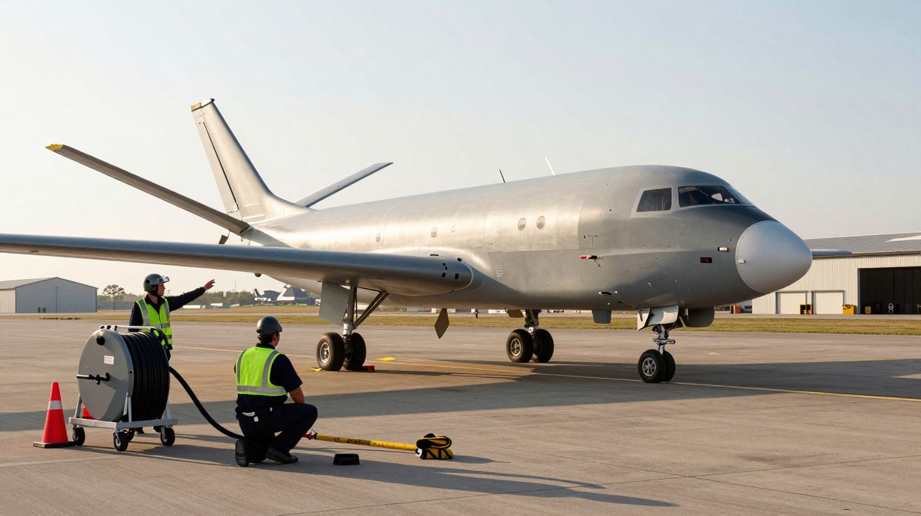 Avion pe pistă cu doi lucrători la sol, unul ghidând și altul operând un echipament de alimentare cu combustibil.
