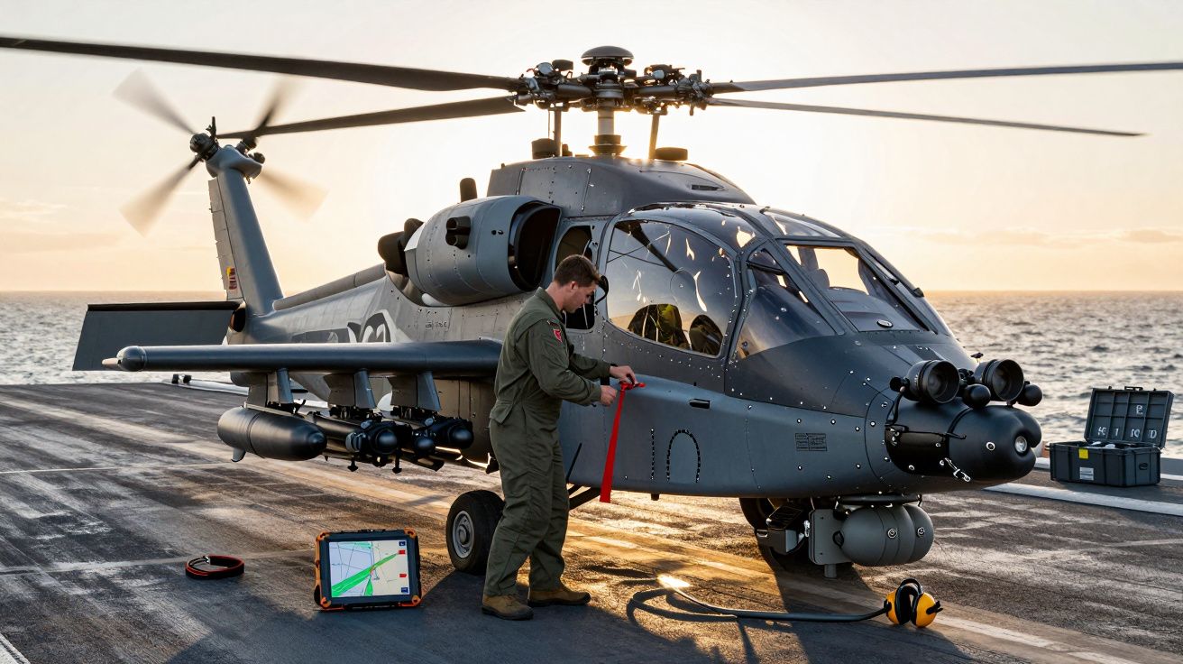 Om inspectând un elicopter militar pe un vas de la apus, echipat cu rachete și senzori, cu cutii de echipamente lângă.