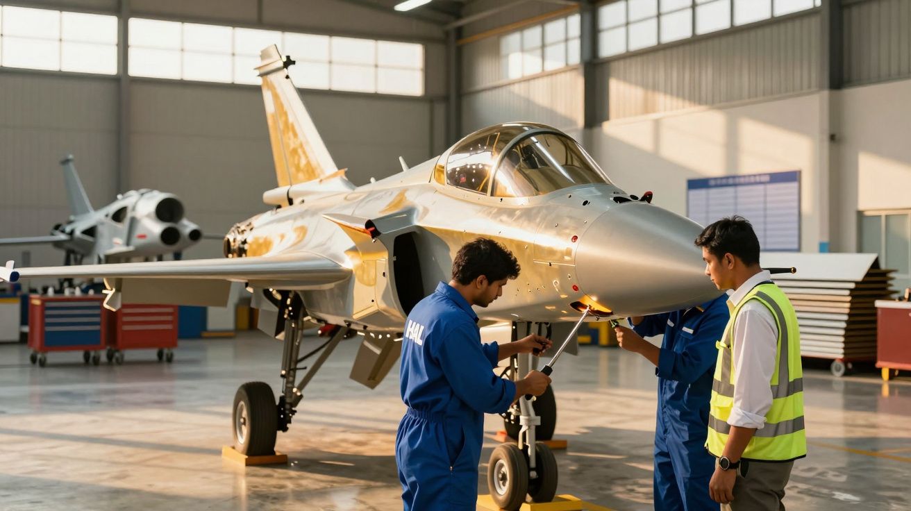 Un avion de luptă argintiu în hangar, inspectat de tehnicieni îmbrăcați în albastru și galben.