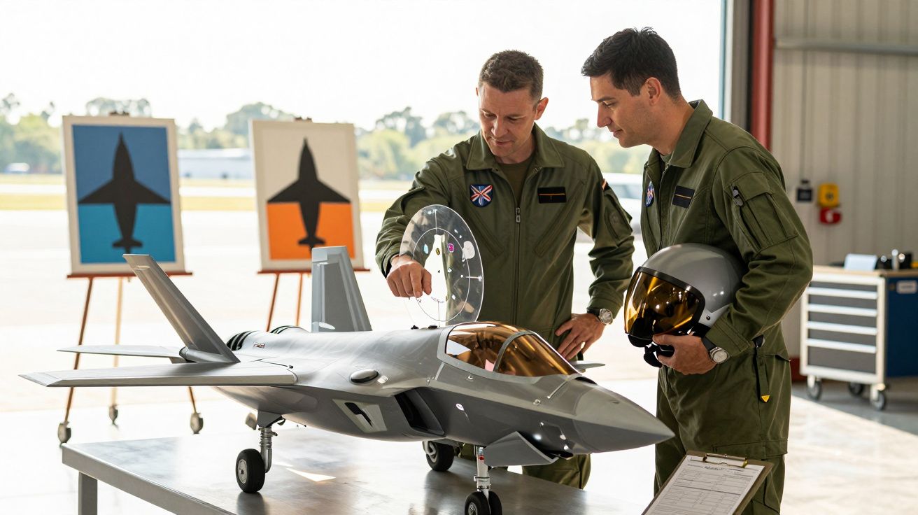 Doi piloți discută lângă un model de avion de vânătoare pe o masă, în interiorul unui hangar.