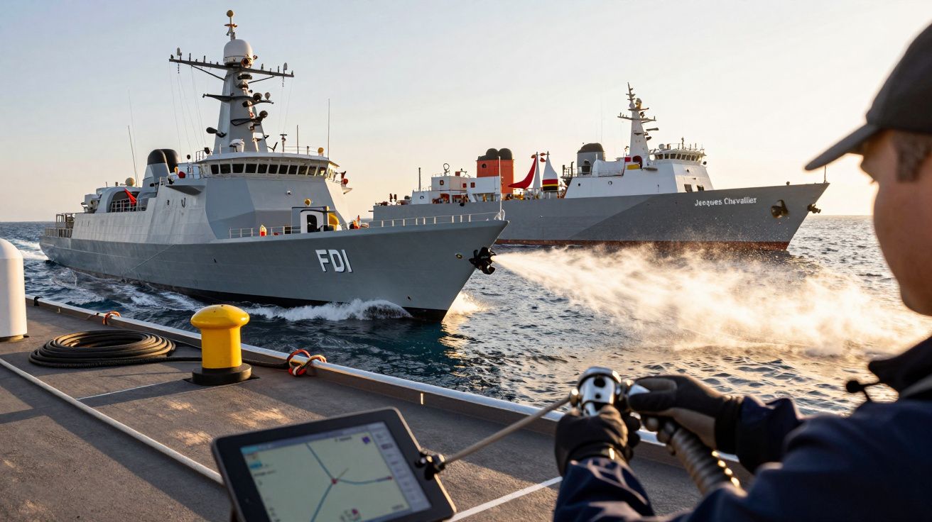 Două nave militare navighează pe mare, privite de pe puntea unei alte ambarcațiuni, cu un panou de comandă în prim-plan.