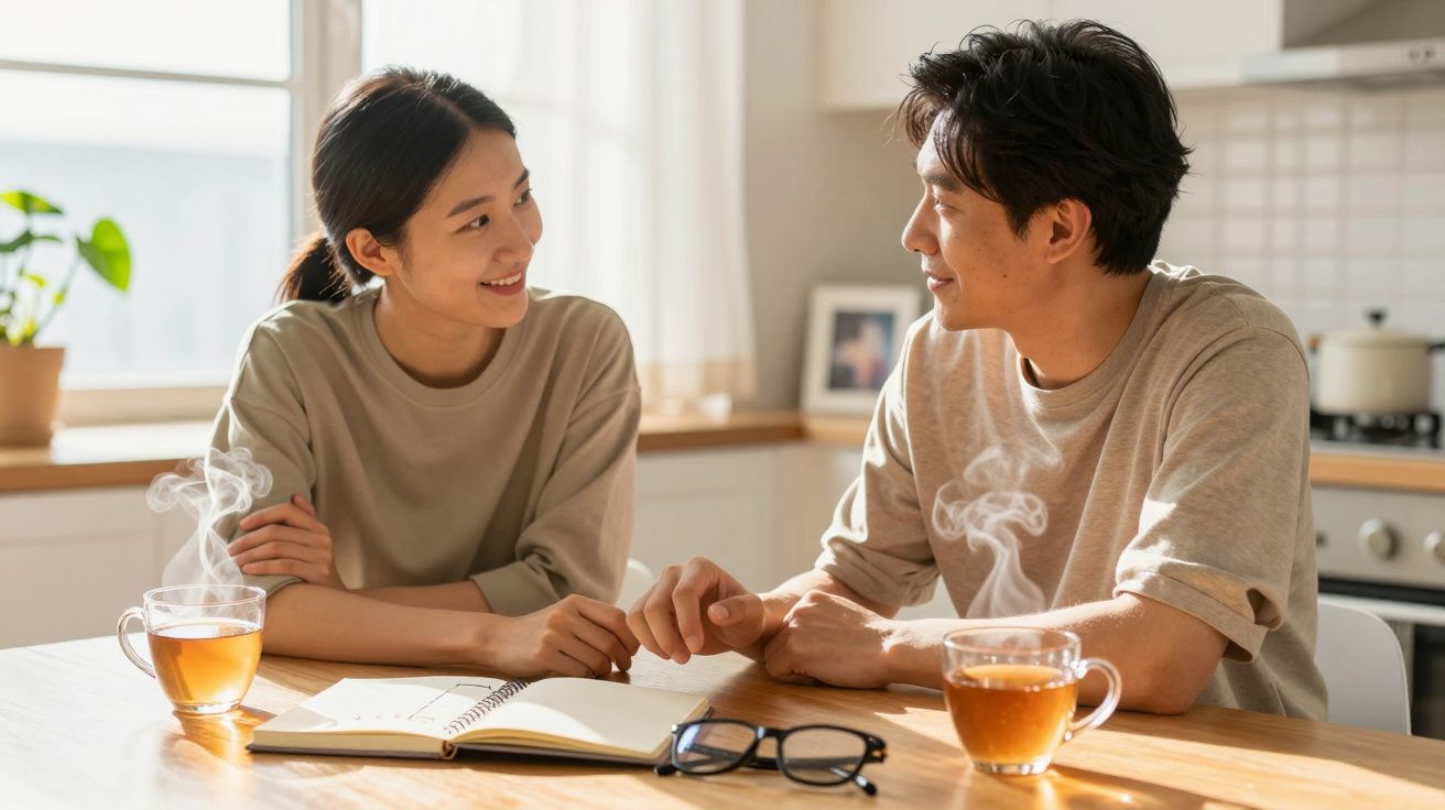 Cuplu zâmbitor discutând la masă cu ceai și caiet deschis în bucătărie luminoasă.