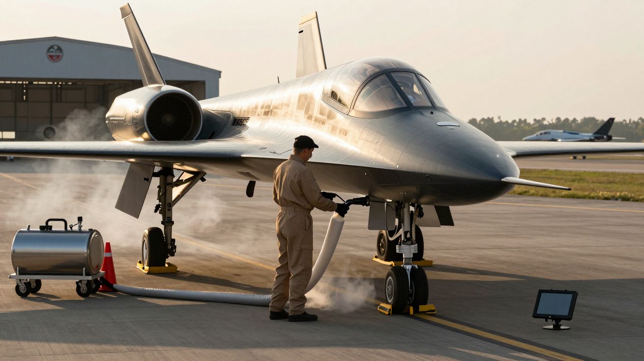 Avion supersonic negru pe pistă, cu un technician în uniformă de lucru conectând echipamente la aeronavă.