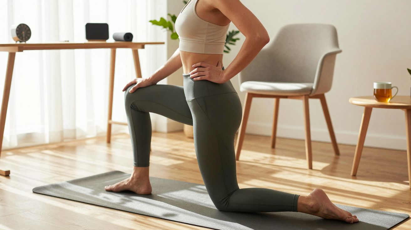 Femeie încolăcită pe un covoraș de yoga, în sufragerie luminoasă, cu mobilier modern și plante decorative.