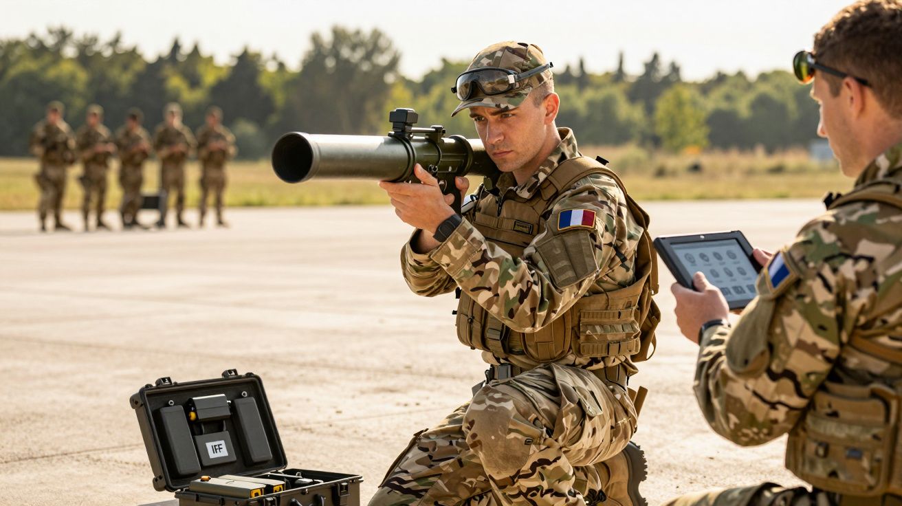 Soldat în uniformă camuflaj folosește un lansator de rachete, în timp ce un altul consultă o tabletă, în fundal alți soldați.