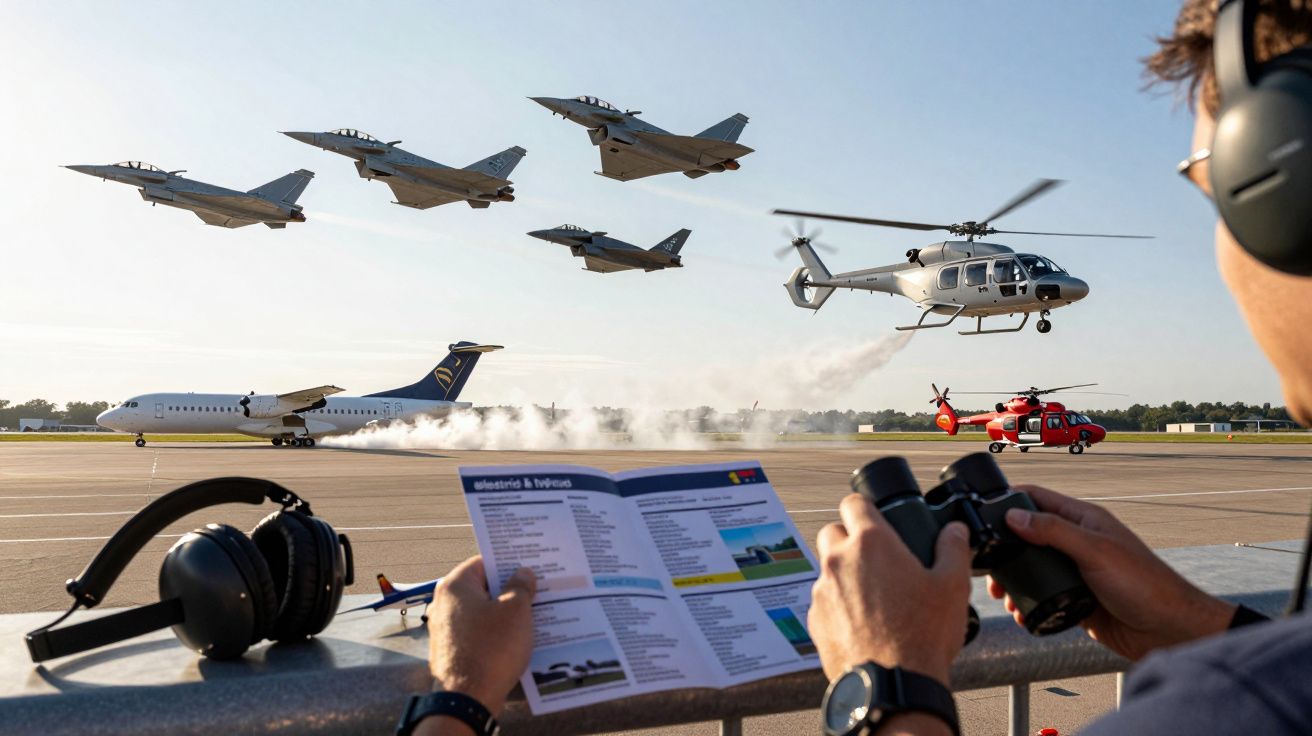Avioane de luptă și elicoptere în zbor la un spectacol aerian, cu spectatori observând prin binocluri.