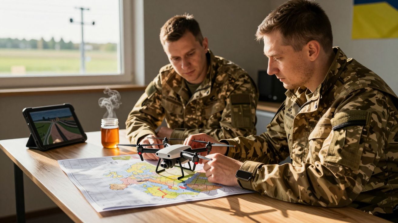 Două persoane în uniforme militare analizează o hartă și un dronă pe o masă, cu un laptop alături și un ceai fierbinte.