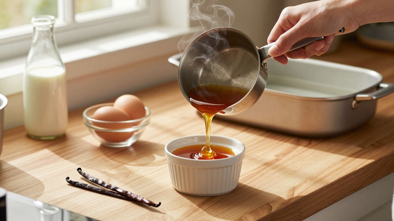 O mână toarnă sos caramel fierbinte într-un vas alb pe un blat de lemn, cu lapte și ouă în fundal.