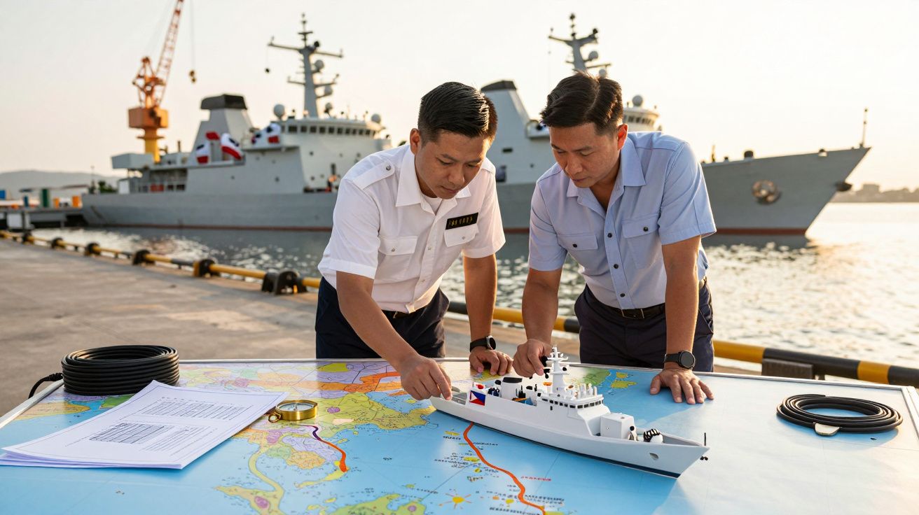 Doi bărbați studiază o hartă și un model de navă pe un doc, cu două nave militare în fundal.