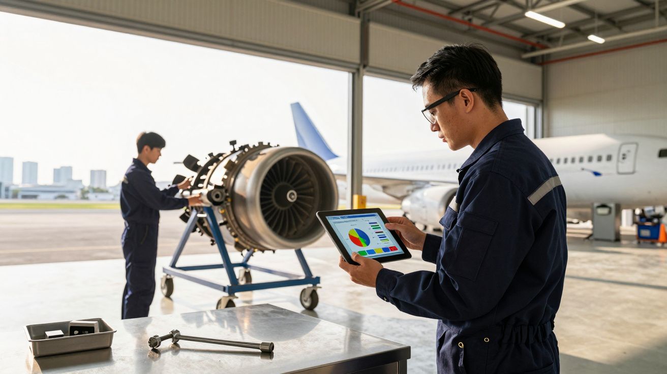 Tehnicieni inspectând un motor de avion într-un hangar, unul folosind o tabletă.
