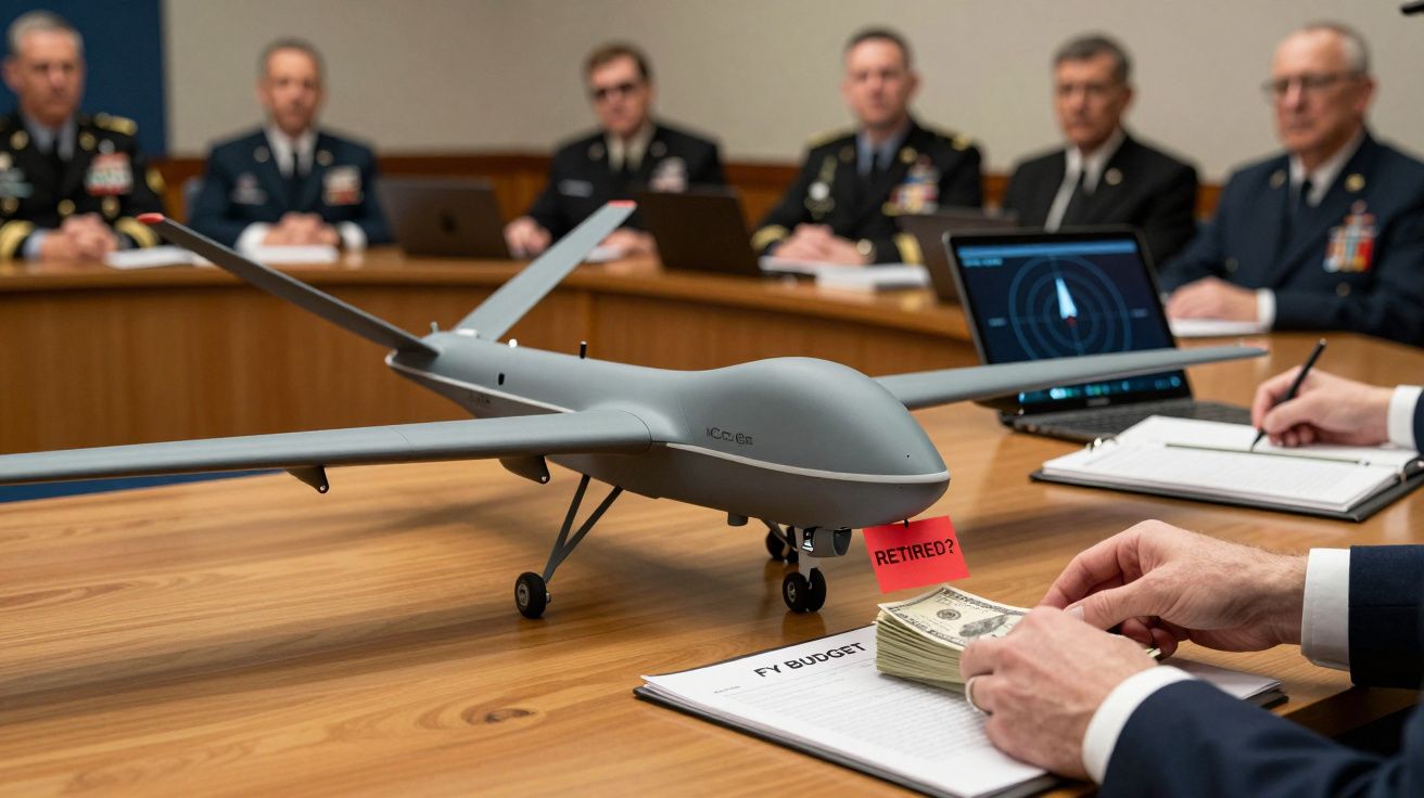 Mini-dronă pe masă în fața unei comisii militare, lângă un teanc de bani și documente.