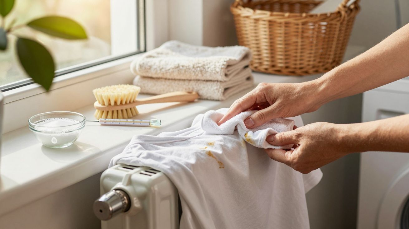 Persoană curățând pată de pe un tricou alb lângă geam, lângă prosoape, perie și soluție de curățat.