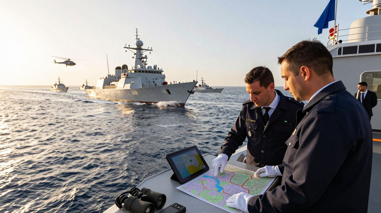 Ofițeri navali monitorizând hărți pe o navă, înconjurați de distrugătoare pe apă și un elicopter.