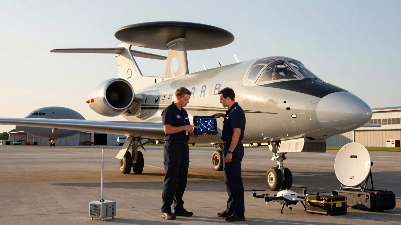 Doi tehnicieni lângă un avion modern cu echipament radar, discutând lângă un laptop și un dronă pe pistă.