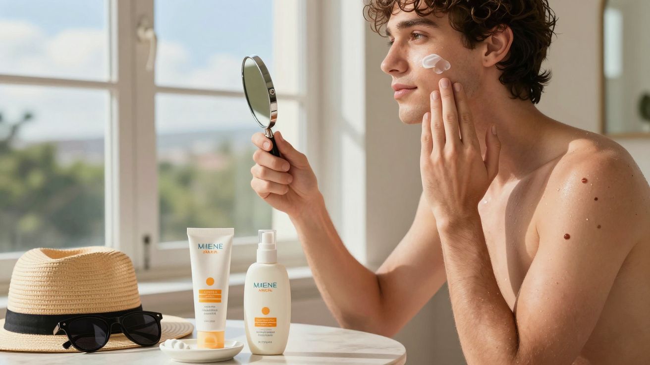 Bărbat aplicând cremă pe față, ținând o oglindă; pe masă sunt pălărie, ochelari și produse de îngrijire a pielii.