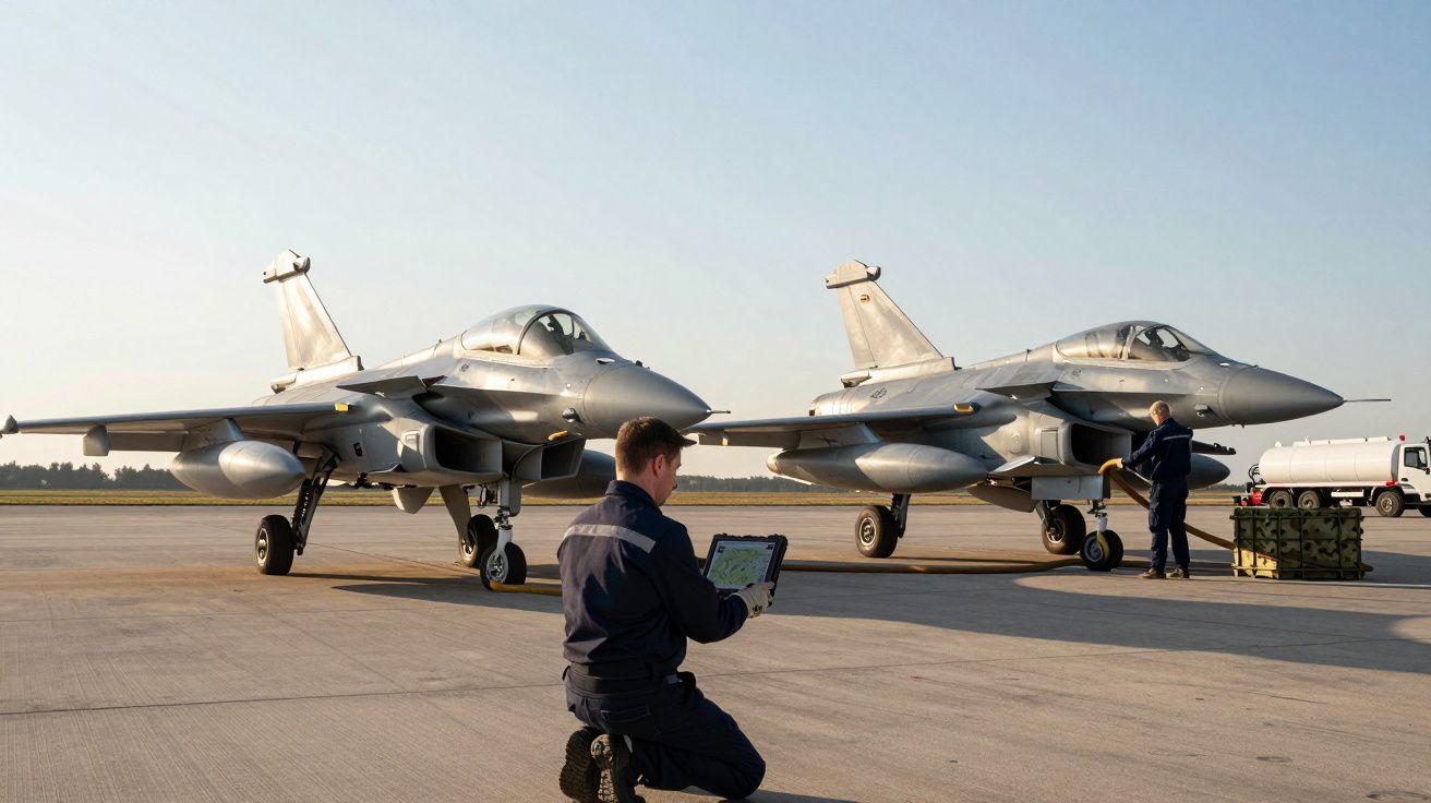 Două avioane de luptă staționate pe pistă, cu doi tehnicieni verificând echipamentele, unul ținând o tabletă.