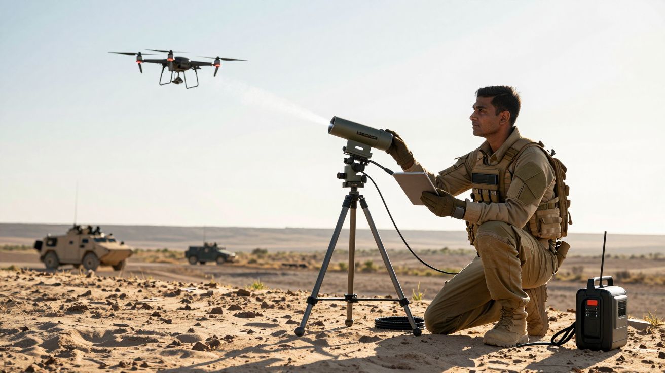 Militar operează un dispozitiv electronic lângă un drone în zbor, cu vehicule blindate pe fundalul deșertic.