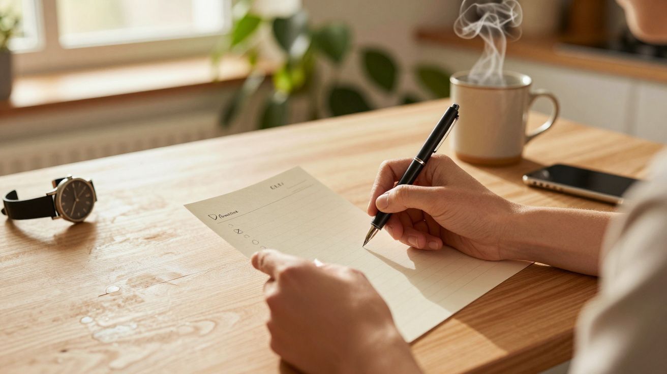 Persoană scriind pe o foaie de hârtie la o masă din lemn, cu un ceas, telefon și cană de cafea lângă.