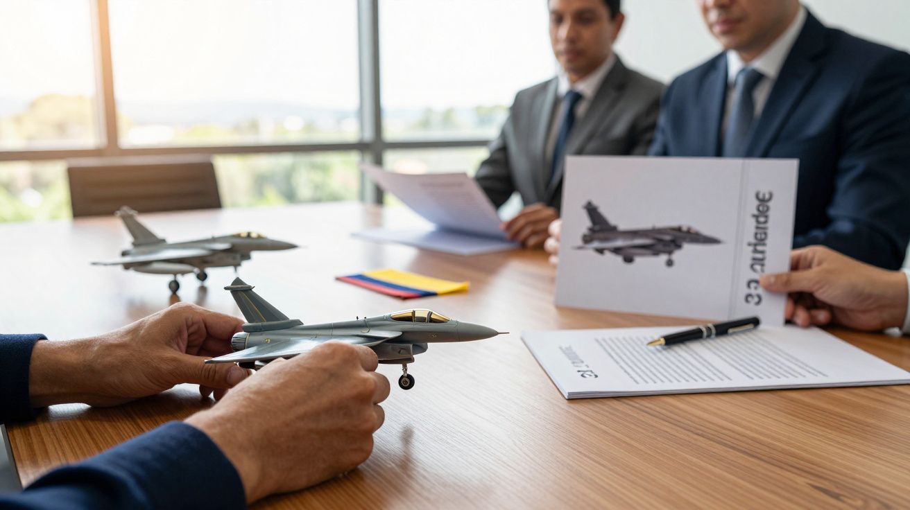 Reuniune de afaceri cu modele de avioane pe masă și documente cu imagini de avioane, în fundal trei bărbați în costume.