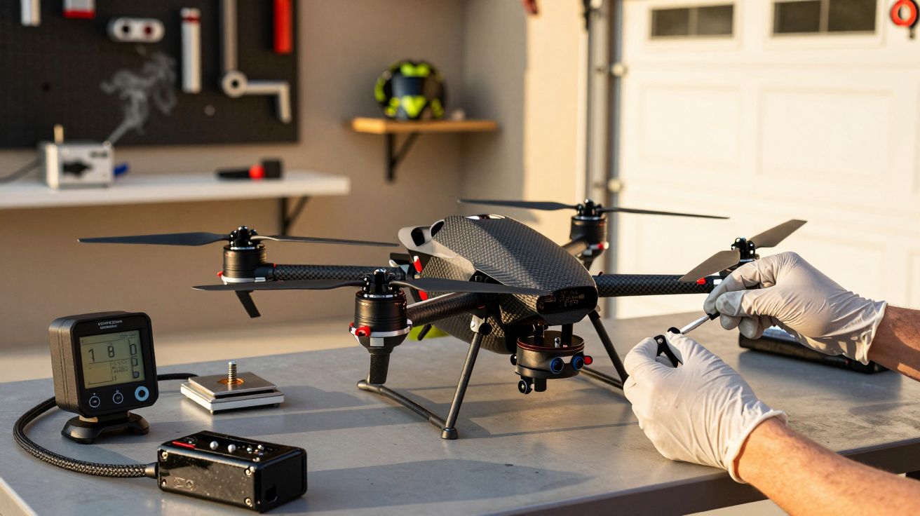 Persoană în mănuși reglează un dron negru cu șase elice pe o masă, înconjurată de instrumente și monitoare.