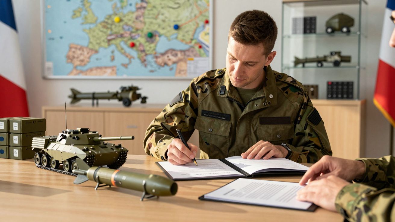 Bărbat în uniformă militară semnează documente lângă machete de vehicule și o hartă a Europei în fundal.