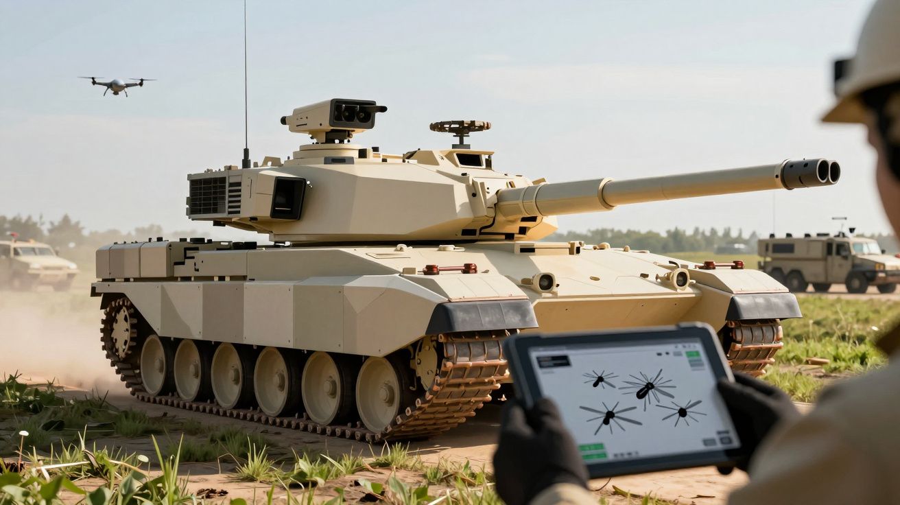 Tanc militar pe un câmp, cu un soldat controlând un dispozitiv de la distanță și un drone mic în zbor.