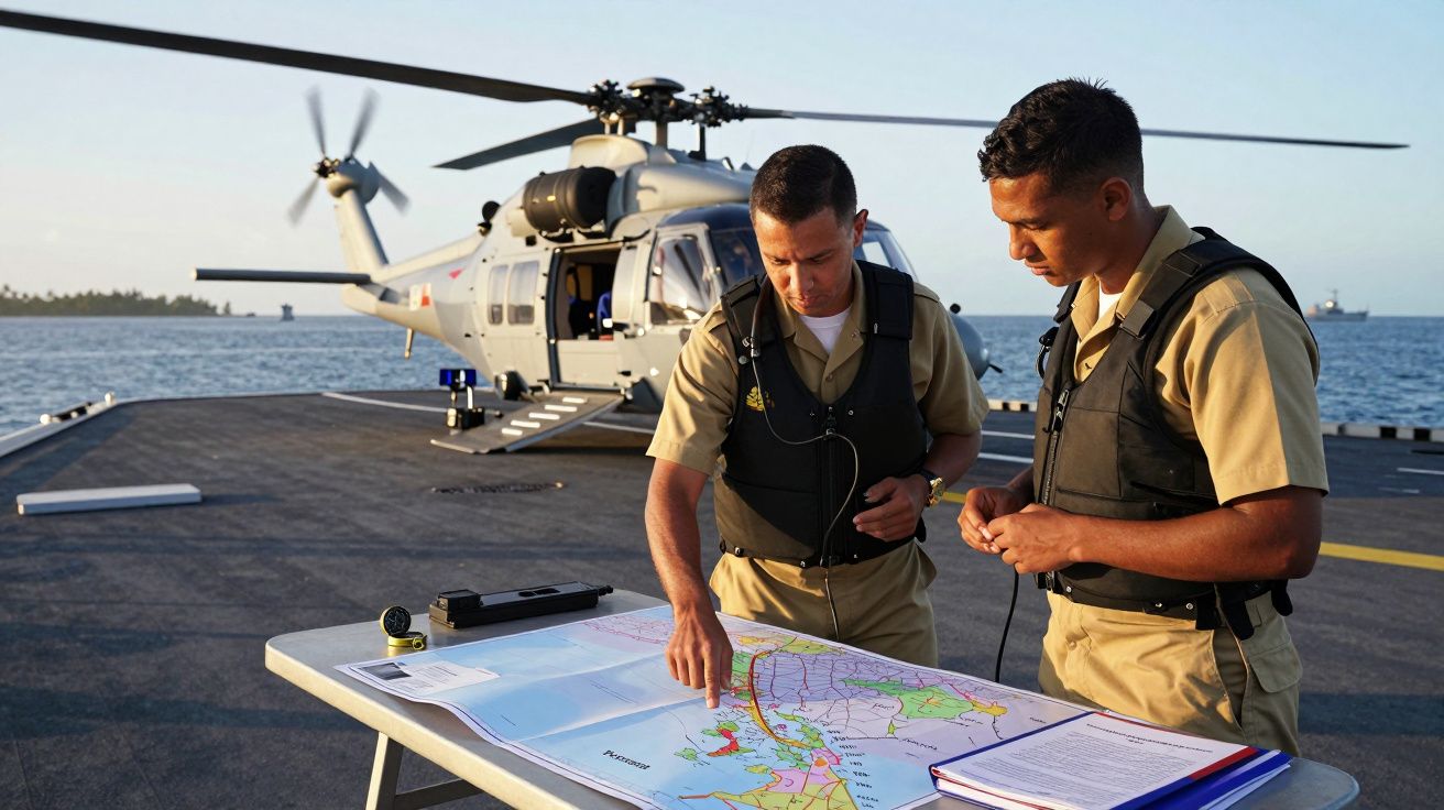 Doi bărbați în uniforme discută o hartă pe o platformă, cu un elicopter în fundal, lângă mare.