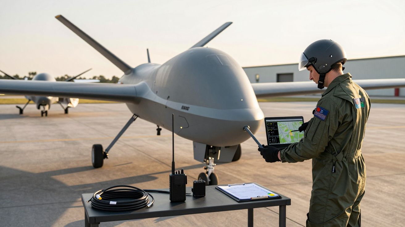 Operare dronă militară de către un tehnician în echipament de zbor, lângă o masă cu echipamente.