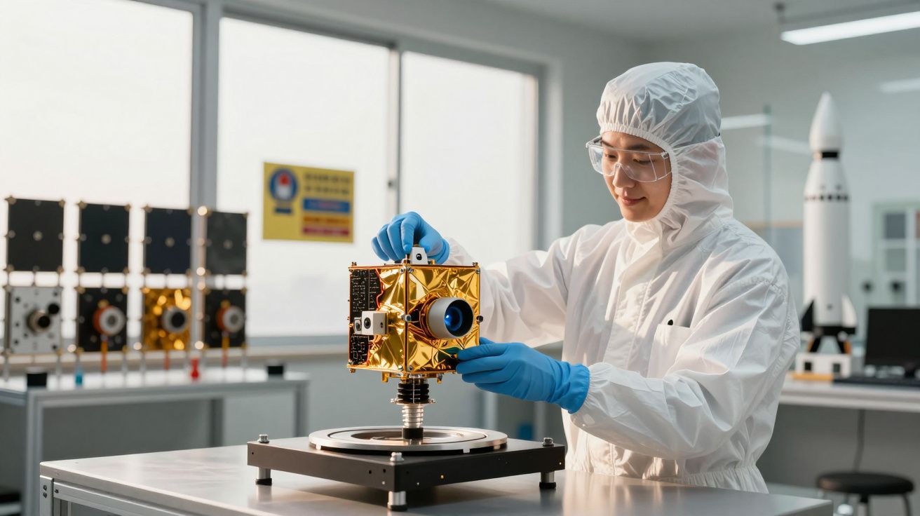 Cercetător în combinezon alb examinează un satelit miniatural pe o masă de laborator, într-un mediu high-tech.