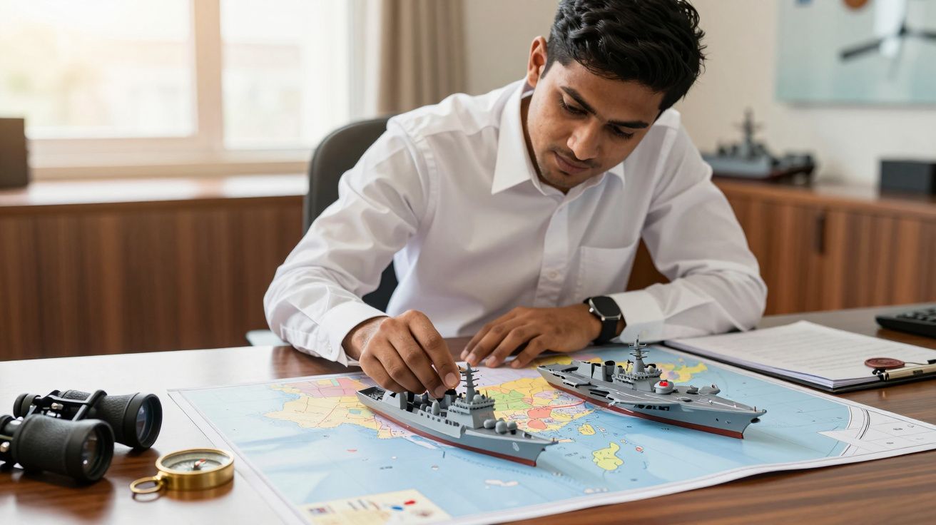 Bărbat folosind modele de nave pe o hartă la birou, cu binoclu și busolă alături.