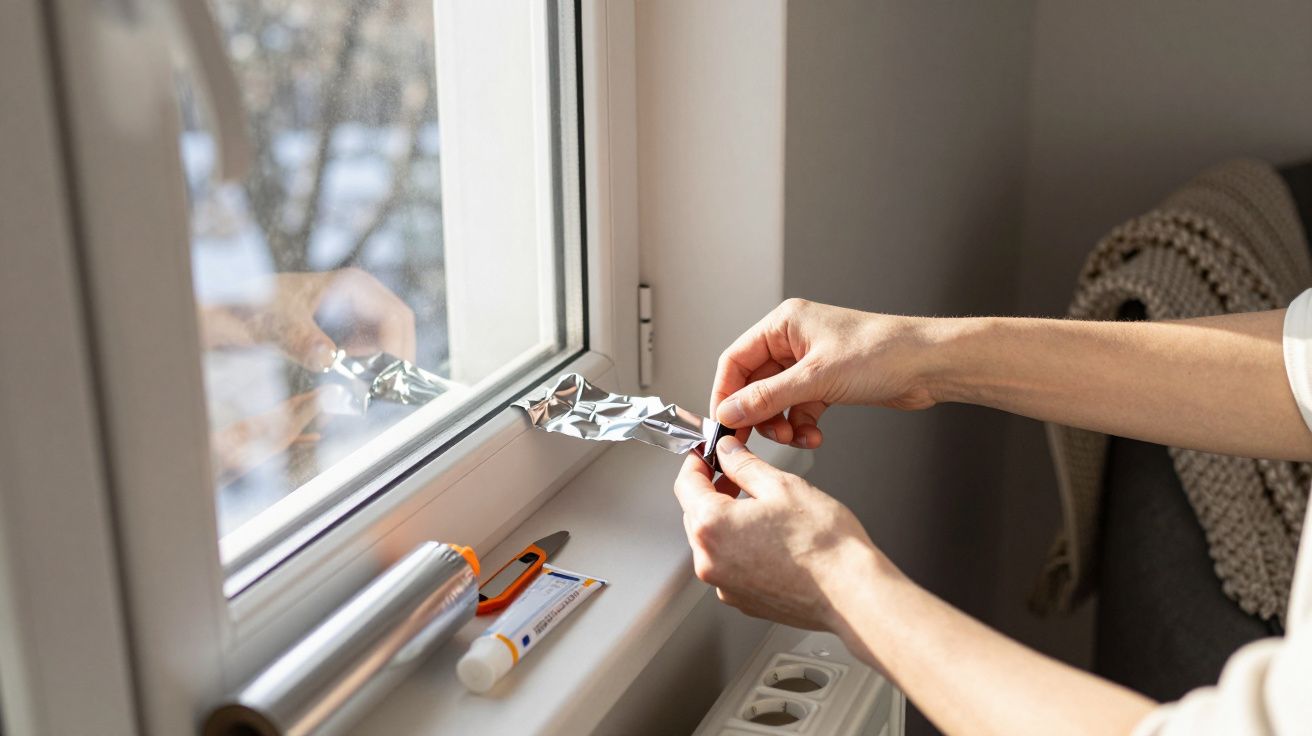 Două mâini aplică folie de aluminiu pe geam, lângă un pervaz cu un sul de folie și tub de lipici.