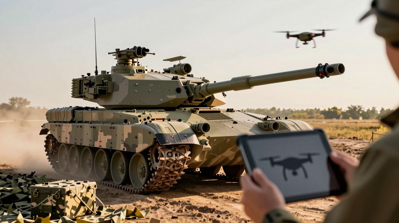 Tanc camuflat și dronă în zbor, controlată de o persoană cu tabletă, pe un câmp deschis.