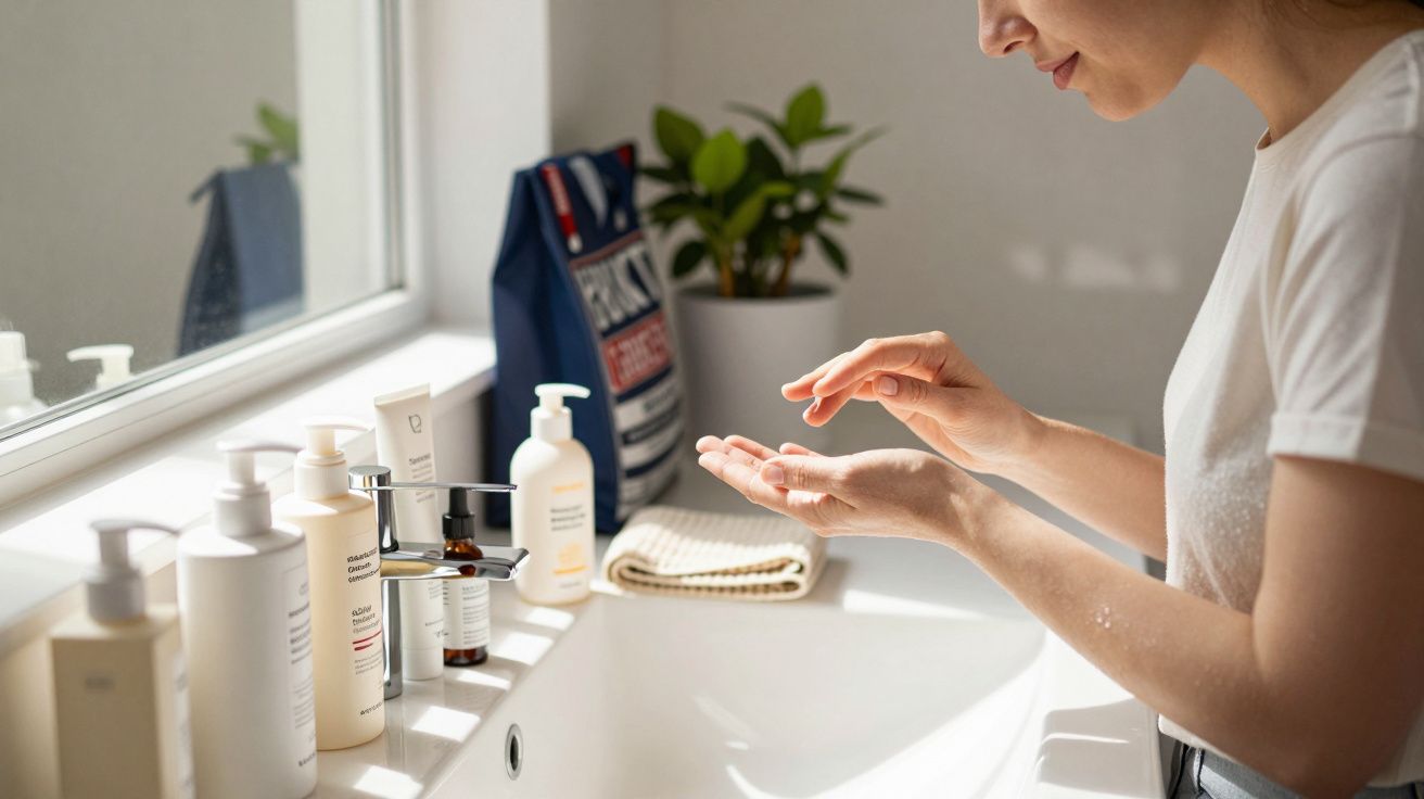 Persoană aplicând cremă pe mâini lângă chiuvetă, cu produse de îngrijire și o plantă pe pervaz.