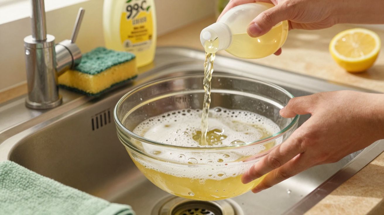 Persoană toarnă detergent lichid într-un bol cu apă în chiuvetă, lângă un burete și o jumătate de lămâie.