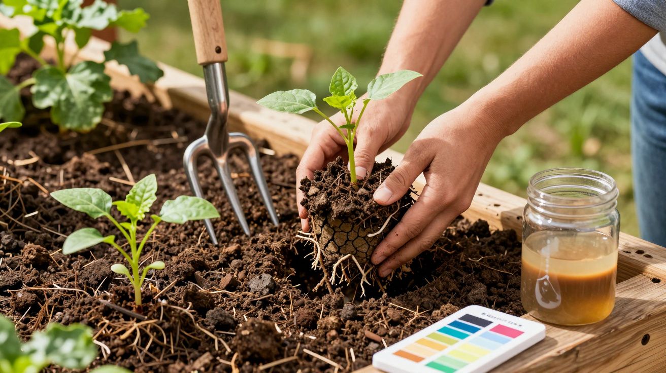 O persoană plantează o răsadă în grădină, lângă un borcan cu lichid și o unealtă de grădinărit.