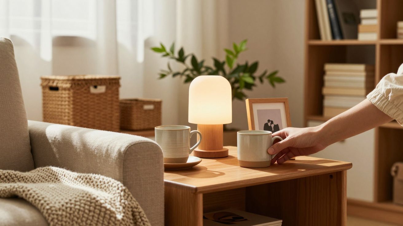 Mână pune o cană pe o masă de lemn, lângă o lampă aprinsă și o cană, într-un living cu atmosferă caldă.