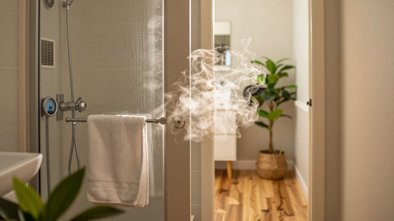 Aburi ieșind dintr-un duș deschis într-o baie modernă, cu podea din lemn și plantă verde în colț.