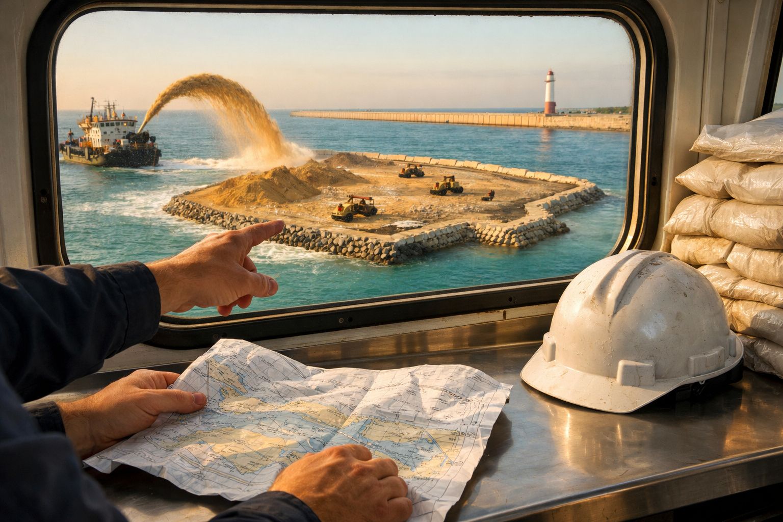 Două persoane discută pe un vas, unul ținând o hartă, altul o probă de sol, în apropierea unei insule artificiale.