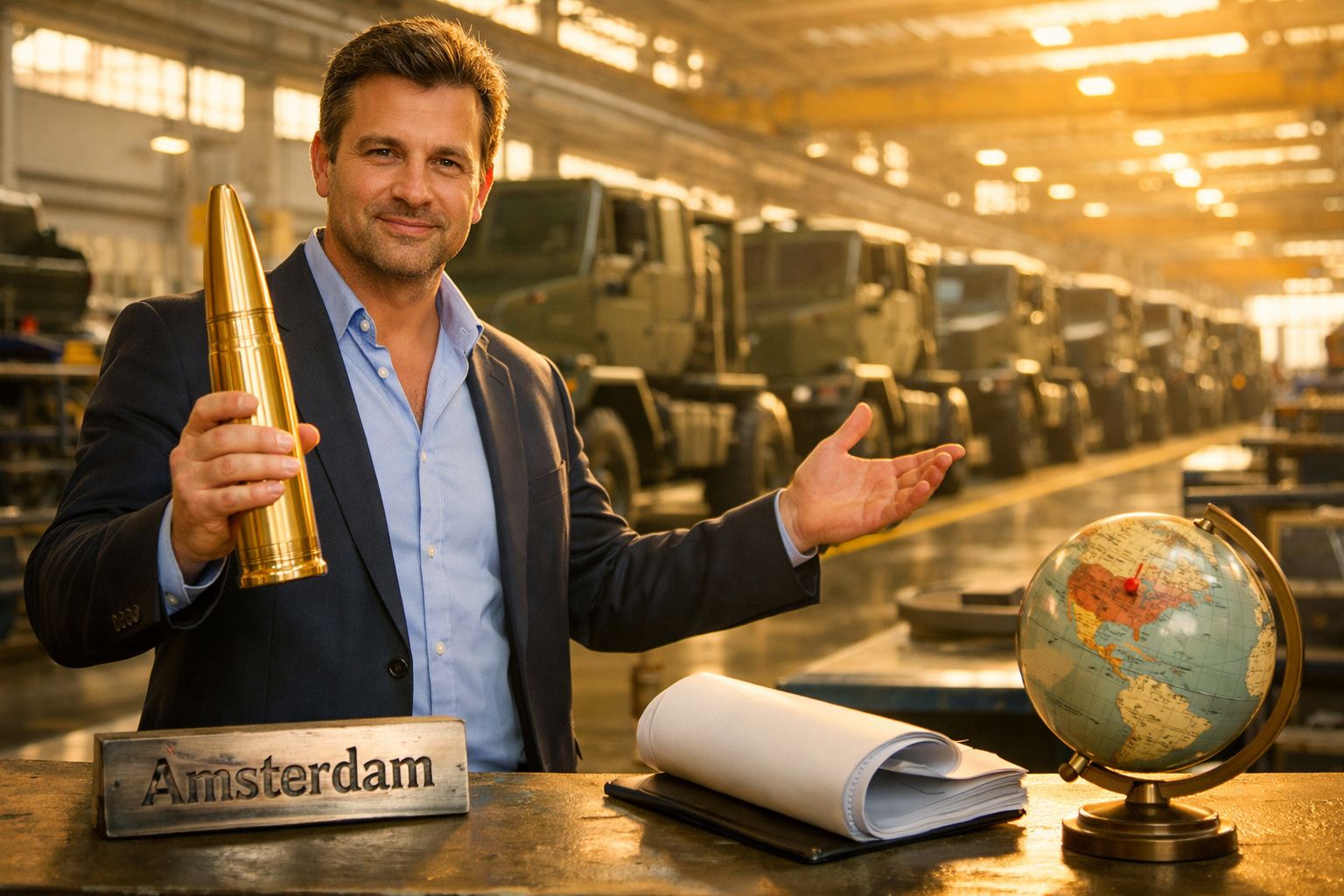 Două persoane dau mâna lângă o masă cu o planșetă afișând un grafic în creștere și modele de vehicule militare.